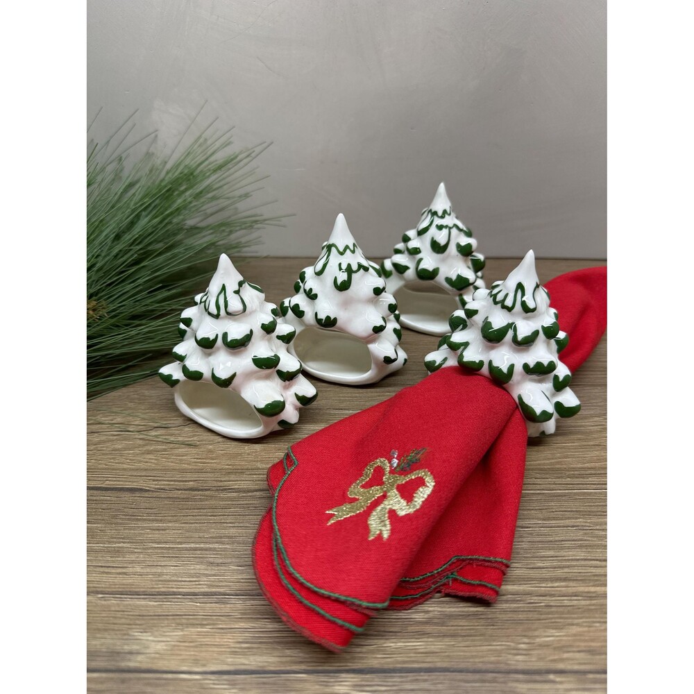 Vintage MCM Reed Fine Bone China Hand painted Christmas Tree Napkin Ring Set 4